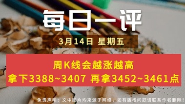 【每日一评】周K线会越涨越高 拿下3388~3407 再拿3452~3461点 3-14